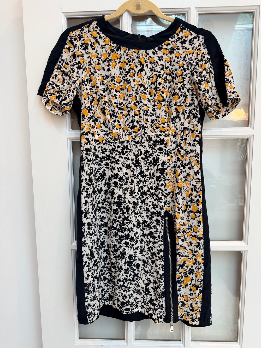 Vintage Nanette Lepore Silk Black White Yellow Floral Garden Print Dress Size 4